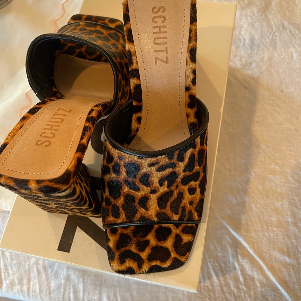 Shultz Lizah leopard print calf hair sandal.